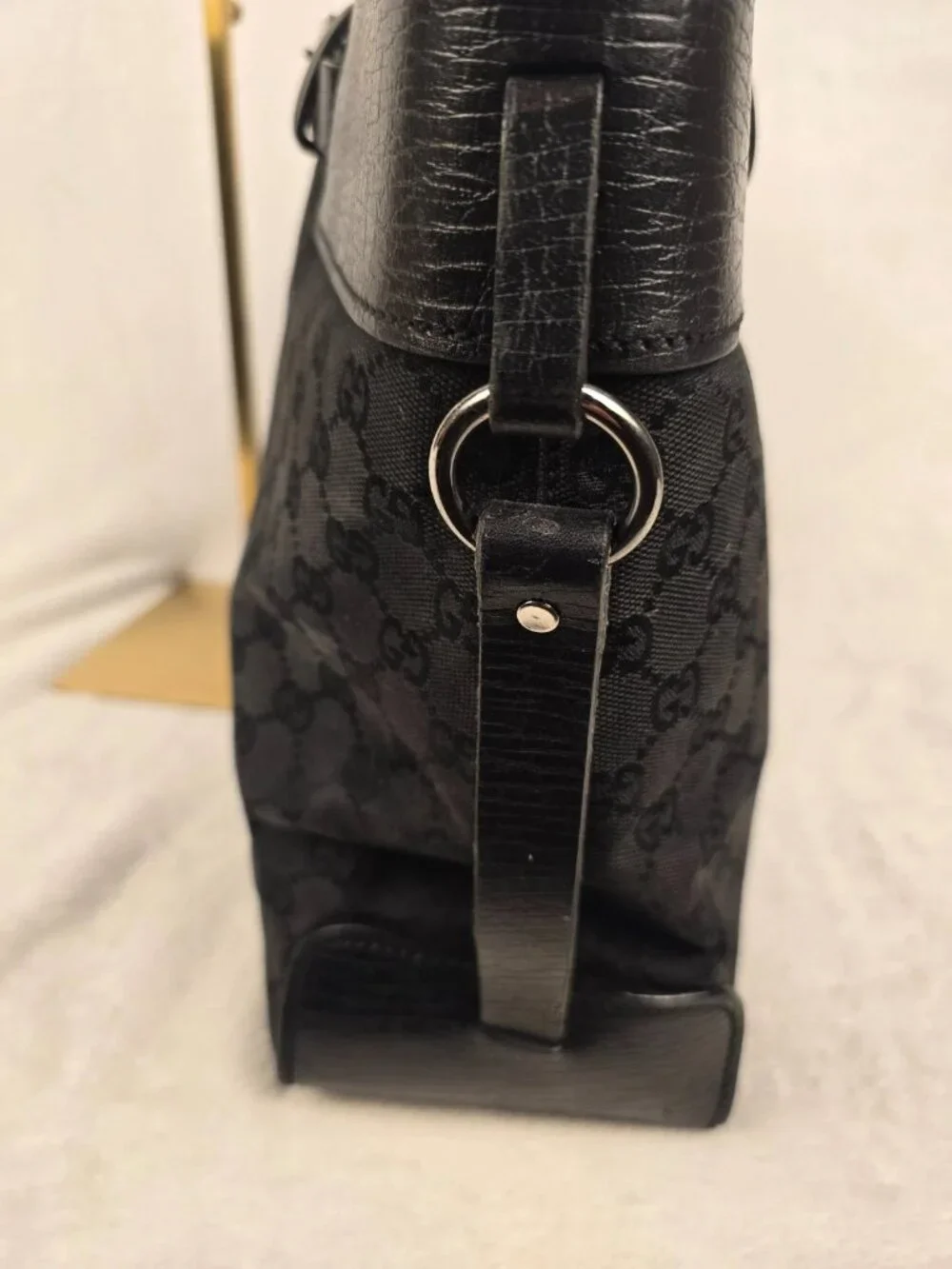 Gucci Black Monogram GG Canvas Tote Bag Textured Leather Trim Buckle Belt